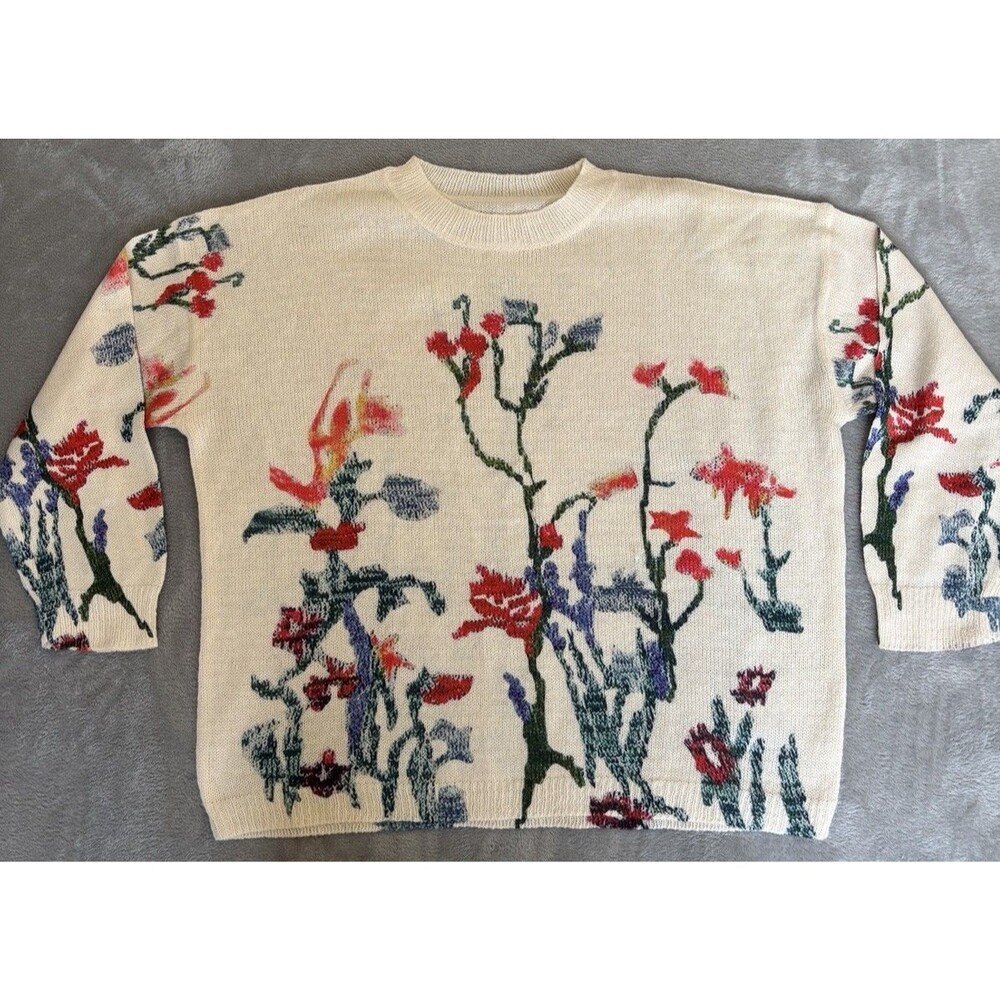Oversized Cropped Floral Knit Sweater Womens Artsy Botanical Cottagecore Slouchy